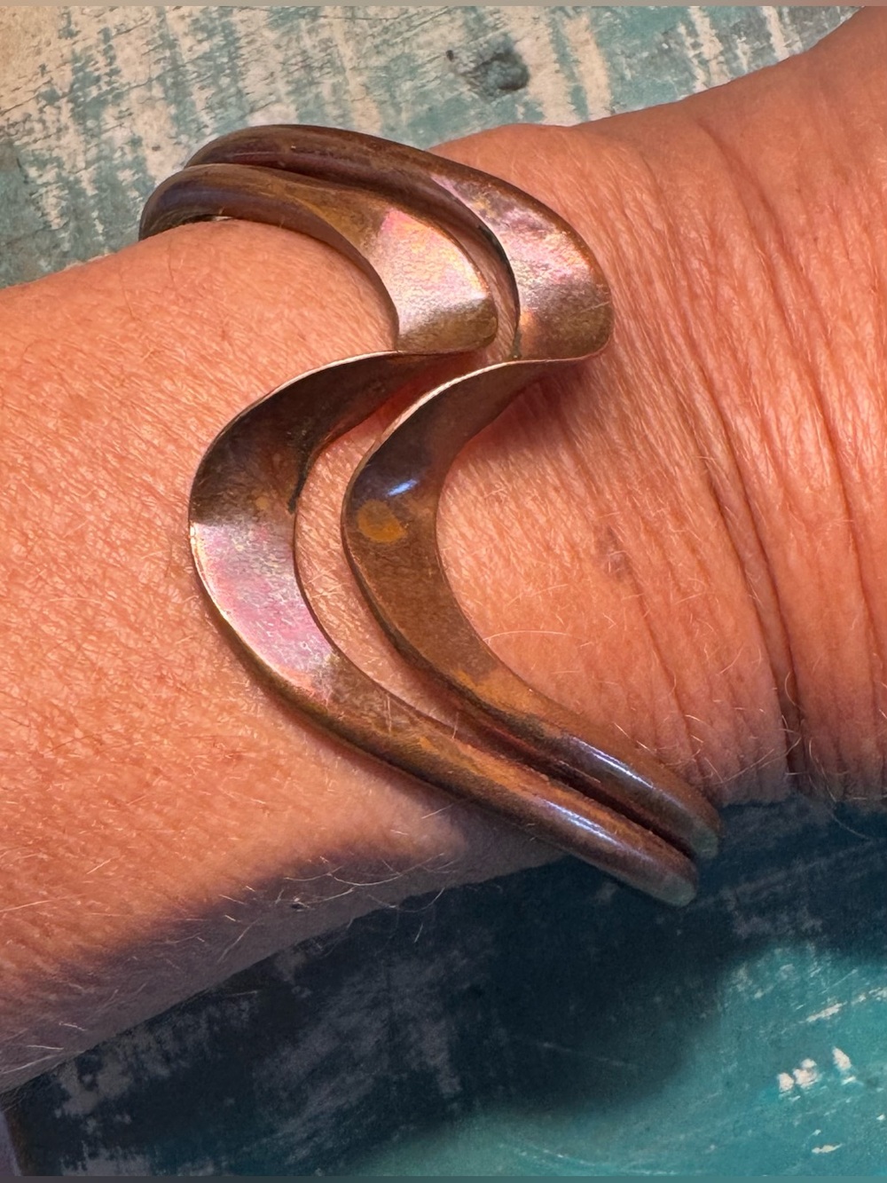 Copper Plated Bracelet Wavy Double Wire Adjustable Open Cuff Mid-Century Modern